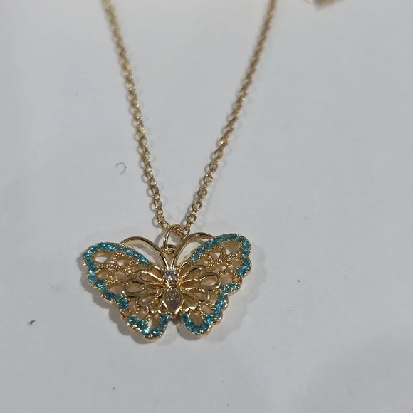 Gold Turquoise Butterfly Pendant Necklace & Stud Earrings Set  – Women’s Jewelry - Picture 4 of 8